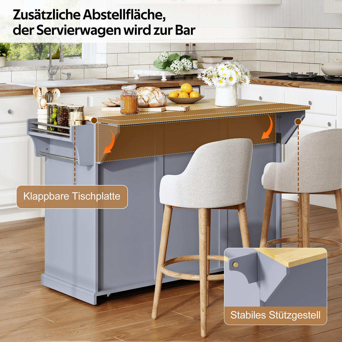 KÜCHENINSEL 121/49/89 cm Grau mit klappbarer Arbeitsplatte, 3 Schubladen und feststellbaren Rollen - Grau, Holz/Holzwerkstoff (69/89/121cm) - Oxeza