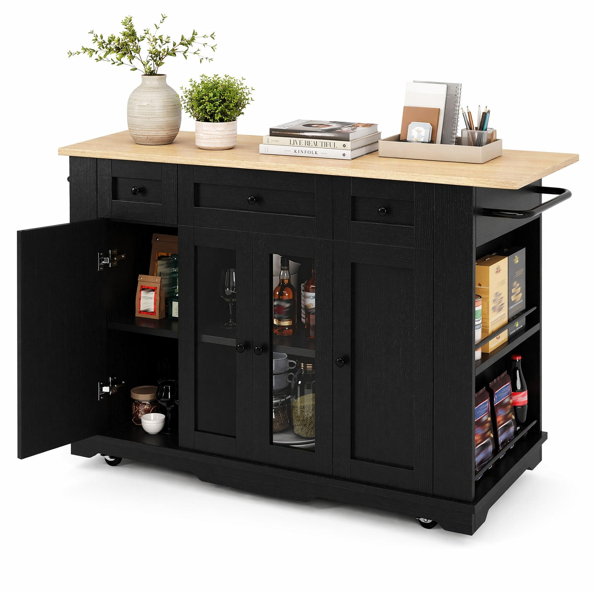 KÜCHENINSEL in Schwarz und Naturfarben Servierwagen mit Schubladen für Küche und Esszimmer, B151.5/T60/H91.7 cm - Schwarz/Naturfarben, Glas/Holzwerkstoff (151.5/91.7/60cm) - STILVORA