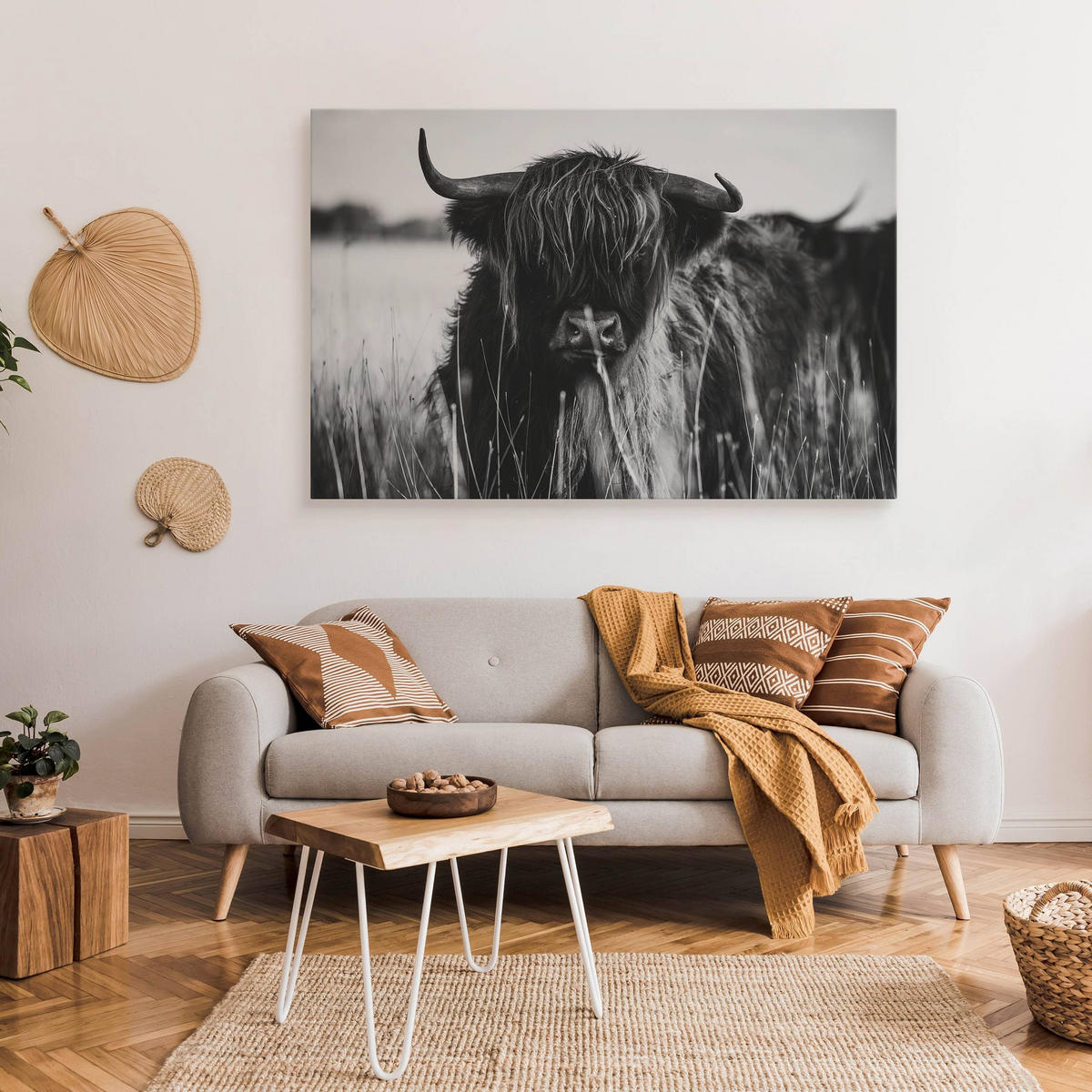 LEINWANDBILD Für Esszimmer Schottische Hochlandrind Kuh Tier 3D 30/20 cm - Schwarz/Weiß, Textil (30/20cm) - Muralo