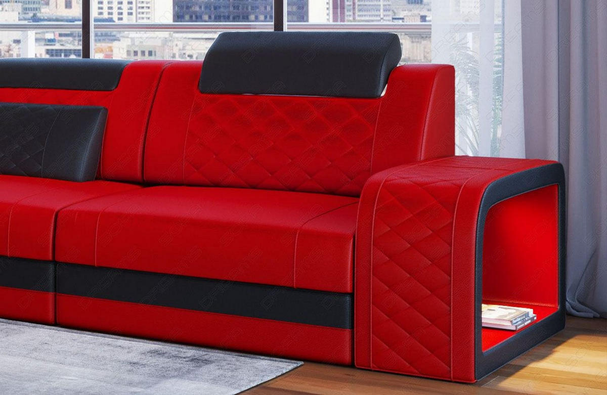 ECKSOFA Sofa Berlin Rot Schwarz Echtleder - Rot, Leder (308/198cm)