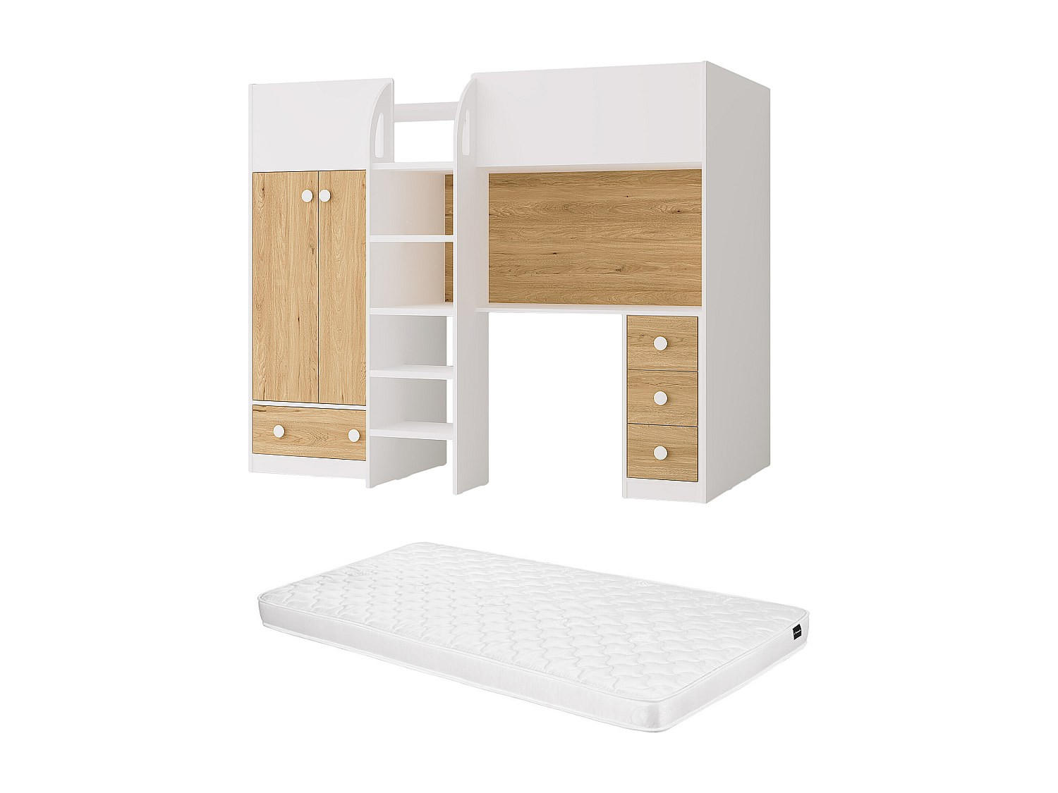 HOCHBETT mit Kleiderschrank & Schreibtisch - 90 x 190 cm - Weiß & Holzfarben + Matratze - CINAMO - Naturfarben, Holz (120.8/196cm) - Vente-Unique