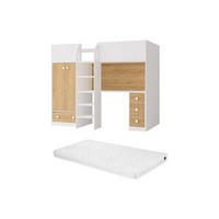 HOCHBETT mit Kleiderschrank & Schreibtisch - 90 x 190 cm - Weiß & Holzfarben + Matratze - CINAMO - Naturfarben, Holz (120.8/196cm) - Vente-Unique