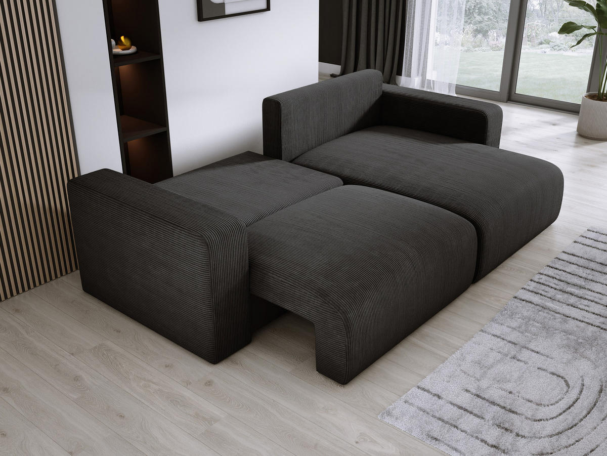 ECKSOFA Carl L-förmig Schlaffunktion und Bettkasten weicher Cordstoff flexibel stellbar lose Rückenkissen freistehend RECHTS 247x143x83cm Black - Schwarz, Holz/Textil (247/143cm) - DomoHome
