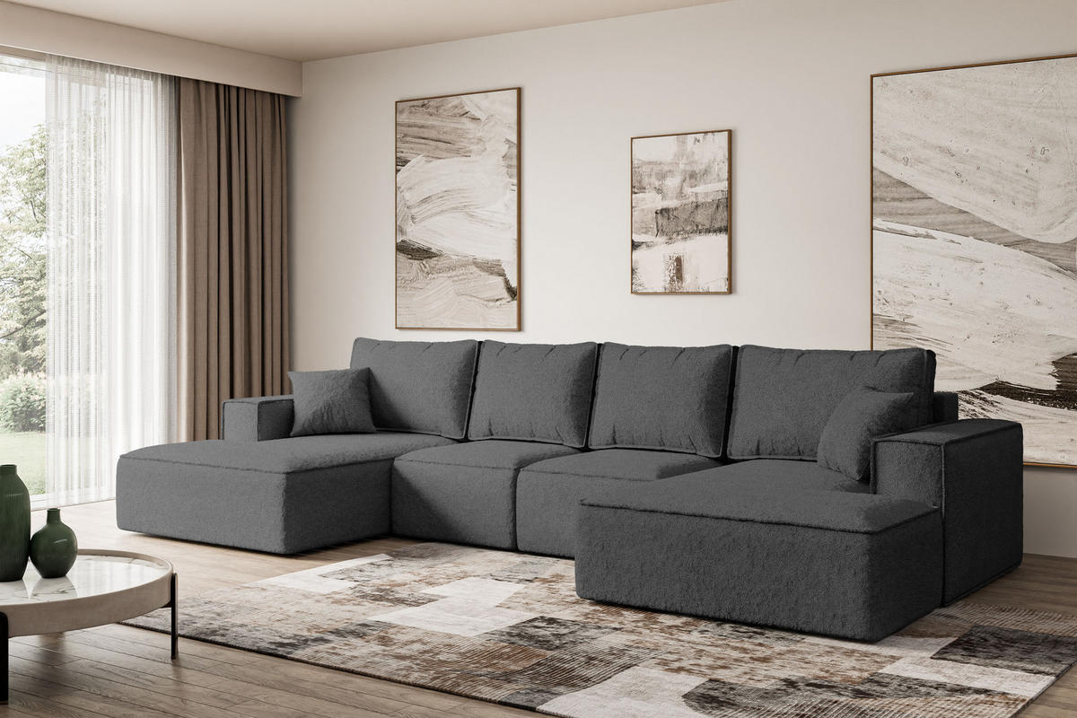 WOHNLANDSCHAFT mit Schlaffunktion und Bettkasten SIERRA-U-S - 349x161x87 cm Grau Bouclé - Schwarz/Grau, Holzwerkstoff/Kunststoff (349/87/161cm) - ALTDECOR