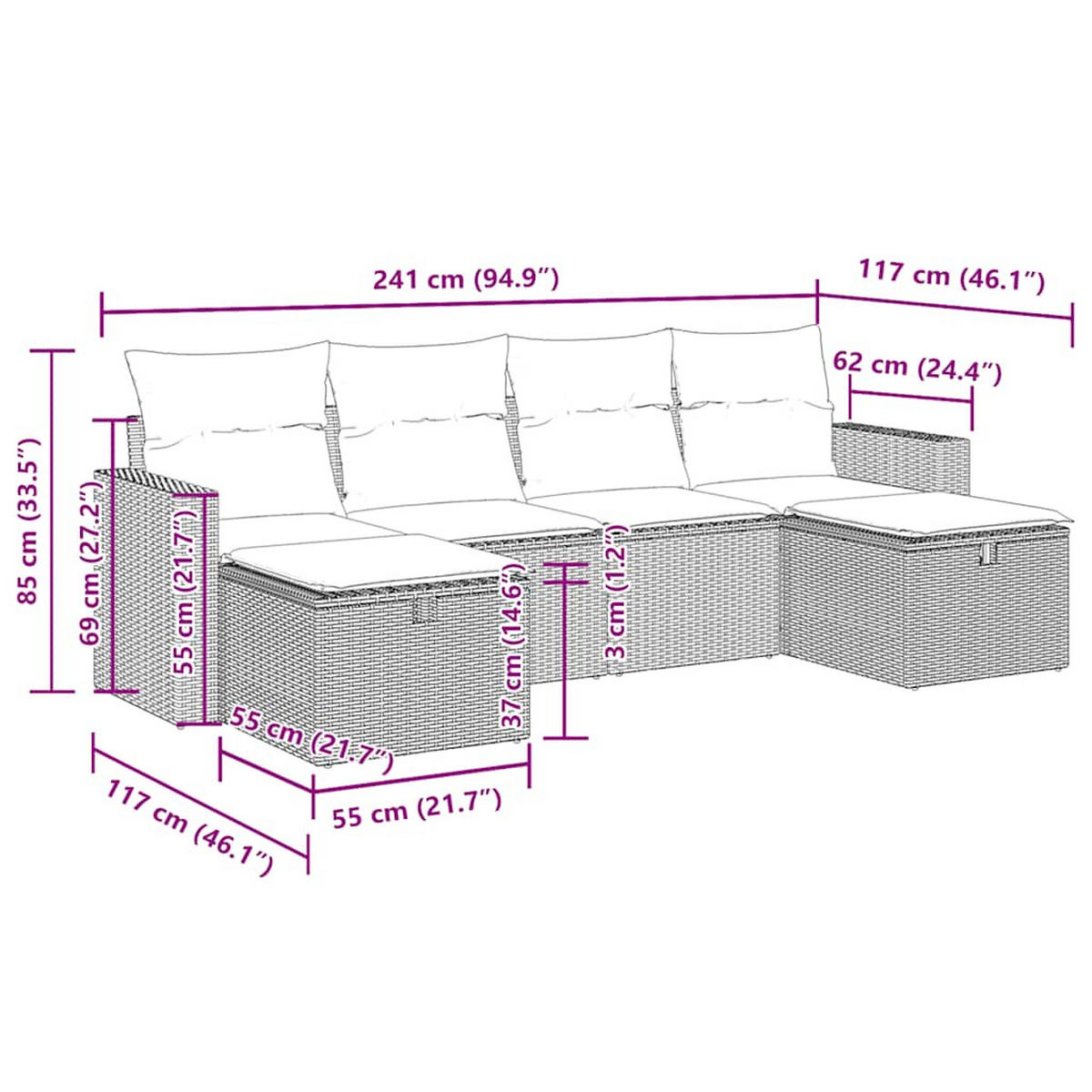 GARTEN-SOFAGARNITUR 6-TLG. Mit Kissen Grau Poly Rattan - Grau, Kunststoff - vidaXL