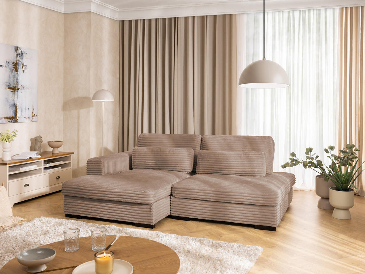 ECKSOFA Wolke mit tiefer Sitzfläche, Schlaffunktion und praktischem Bettkasten aus weichem Beige Cordstoff - Schwarz/Cappuccino, Holz/Kunststoff (162/225cm) - S-Style