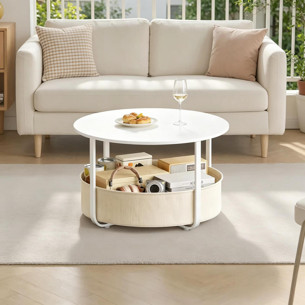 COUCHTISCH DE-37243 rund mit Leinwandkorb Weiß - Weiß, Metall (80/80/50cm) - ComfortXL