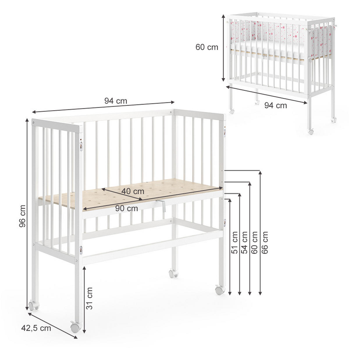BEISTELLBETT Sophie Weiß 94 x 90 cm 2 Seitenschienen - Weiß, Holz (40/90cm) - VitaliSpa