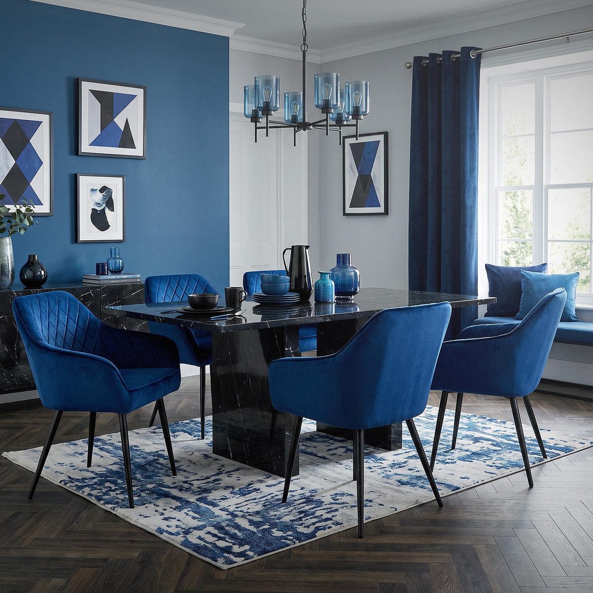 ESSZIMMERSTUHL 6er Set Dunkelblau Samt - Blau/Schwarz, Textil/Metall (63/80/60cm) - ML-DESIGN