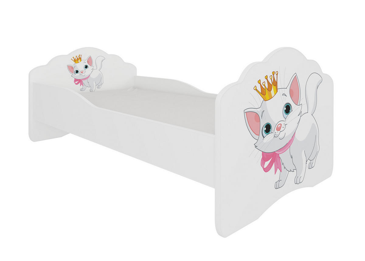 KINDERBETT Casimo weiß / Motiv Katze 88 / 164 / 63cm - Weiß, Holz/Holzwerkstoff (70/140cm) - Feldmann-Wohnen