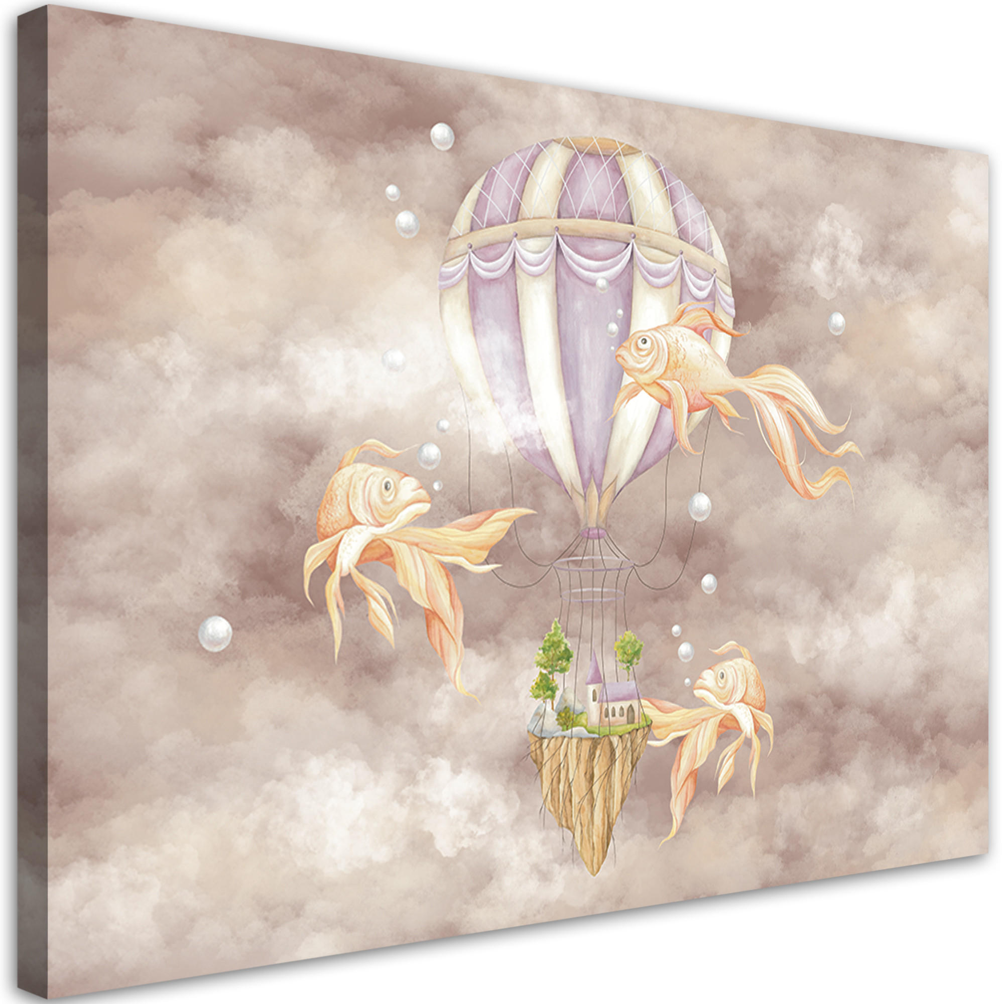 WANDBILD heißluftballon fliegendes haus und fisch - Pink, Textil (60/40cm) - Feeby