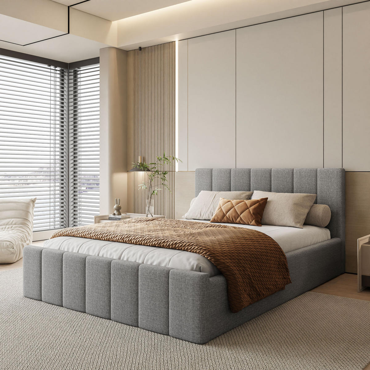 POLSTERBETT ELISE 120x200 cm Inari 91, Kopfteil 95 cm, 34 Holzlatten - Grau, Textil (120/200cm) - Lookway