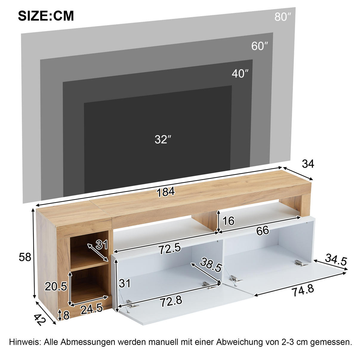 TV-SCHRANK 184/42/58 cm Weiß mit LED-Kontrollleuchte - Weiß, Holzwerkstoff (184/58/42cm) - Oxeza