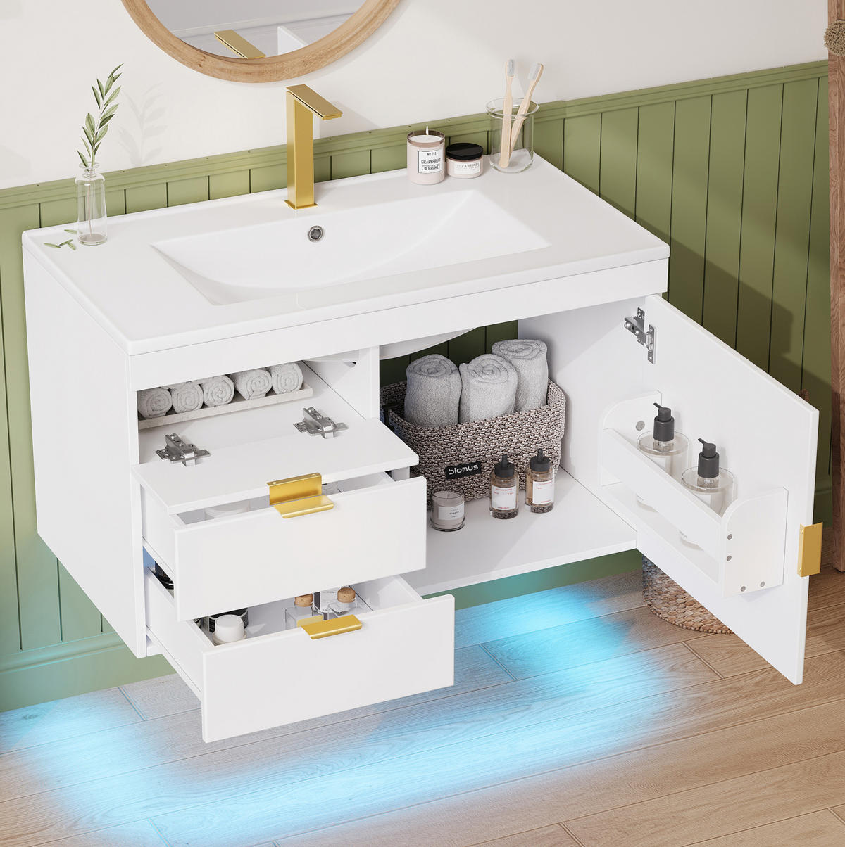 BADEZIMMERSCHRANK MDF 76x46x51 cm Weiß mit LED-App-Steuerung, Keramikwaschbecken, Wandmontage - Weiß, Holzwerkstoff (76/51/46cm) - Modfu