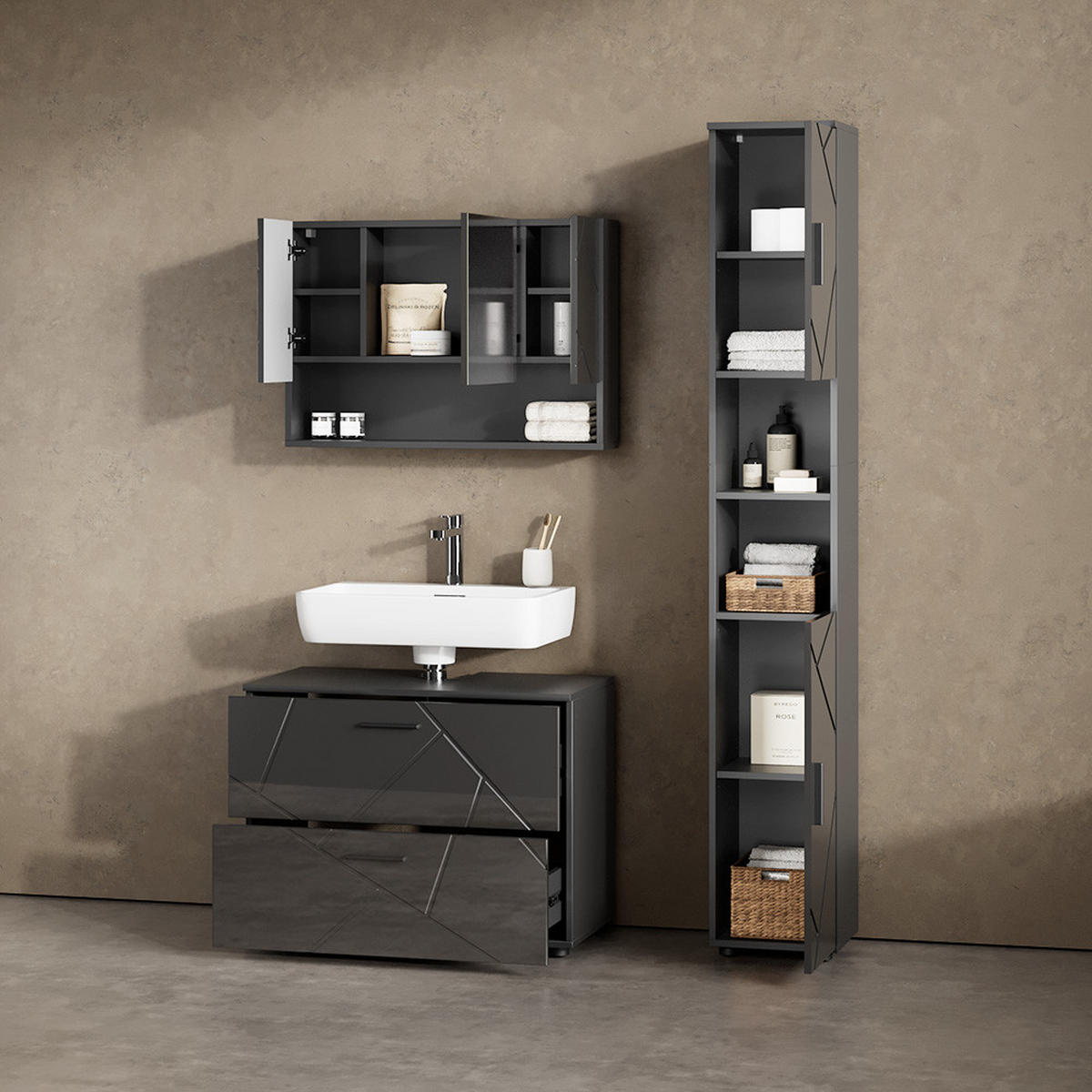 BADMÖBEL-SET Ronco Anthrazit Hochglanz 2 Teile, Unterschrank 80 cm - Anthrazit, Holzwerkstoff (41/80/58cm) - Livinity®