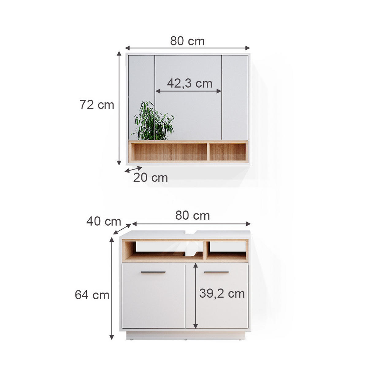 BADMÖBEL-SET Beatrice Weiß 2 Teile - Weiß/Sonoma Eiche, Holzwerkstoff (80/64/40cm) - Vicco