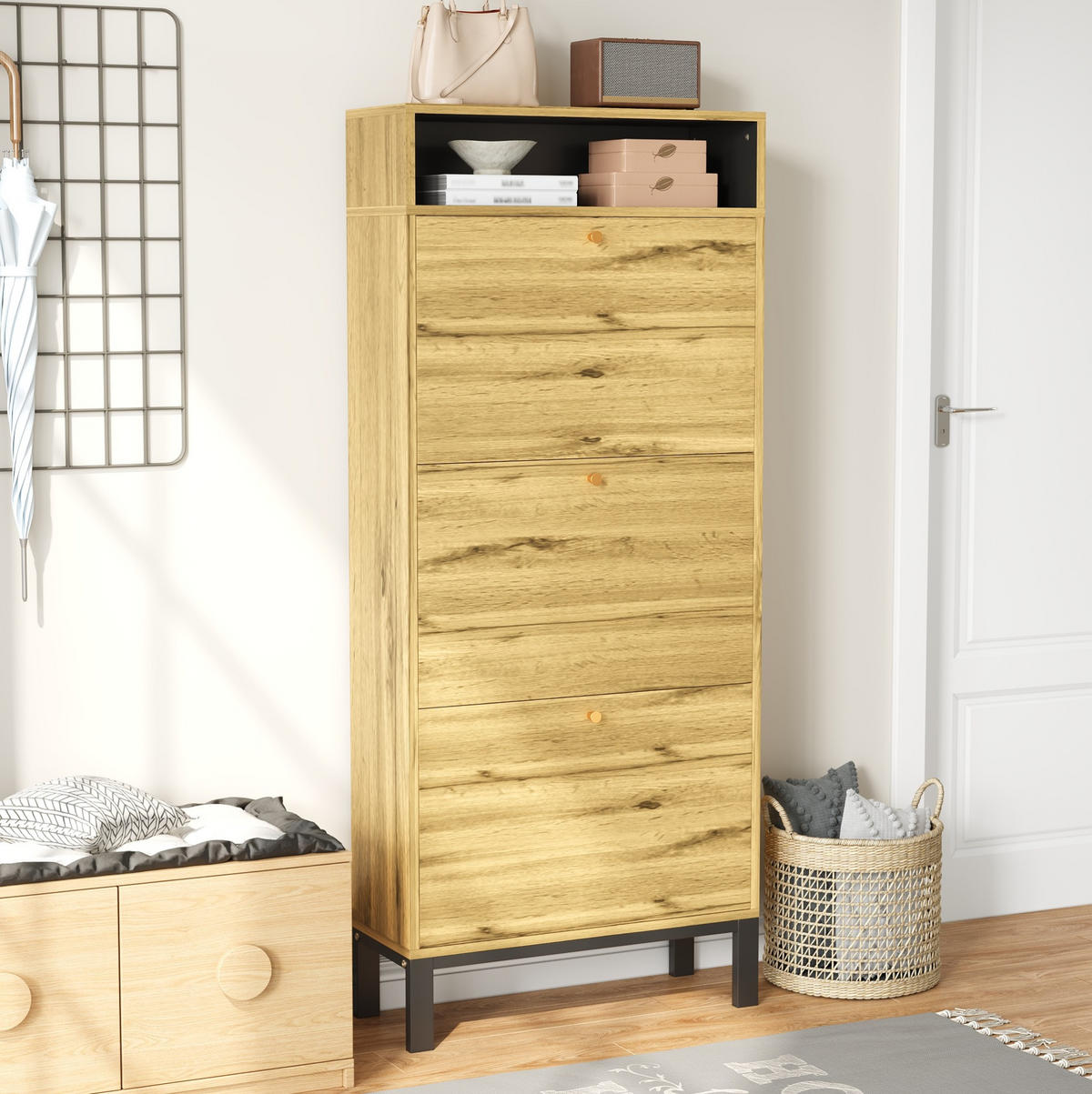 SCHUHSCHRANK 63/24/147 cm mit 3 Klappen in Naturfarbe, schmales Design - Naturfarben, Holzwerkstoff (63/147/24cm) - BEAOK