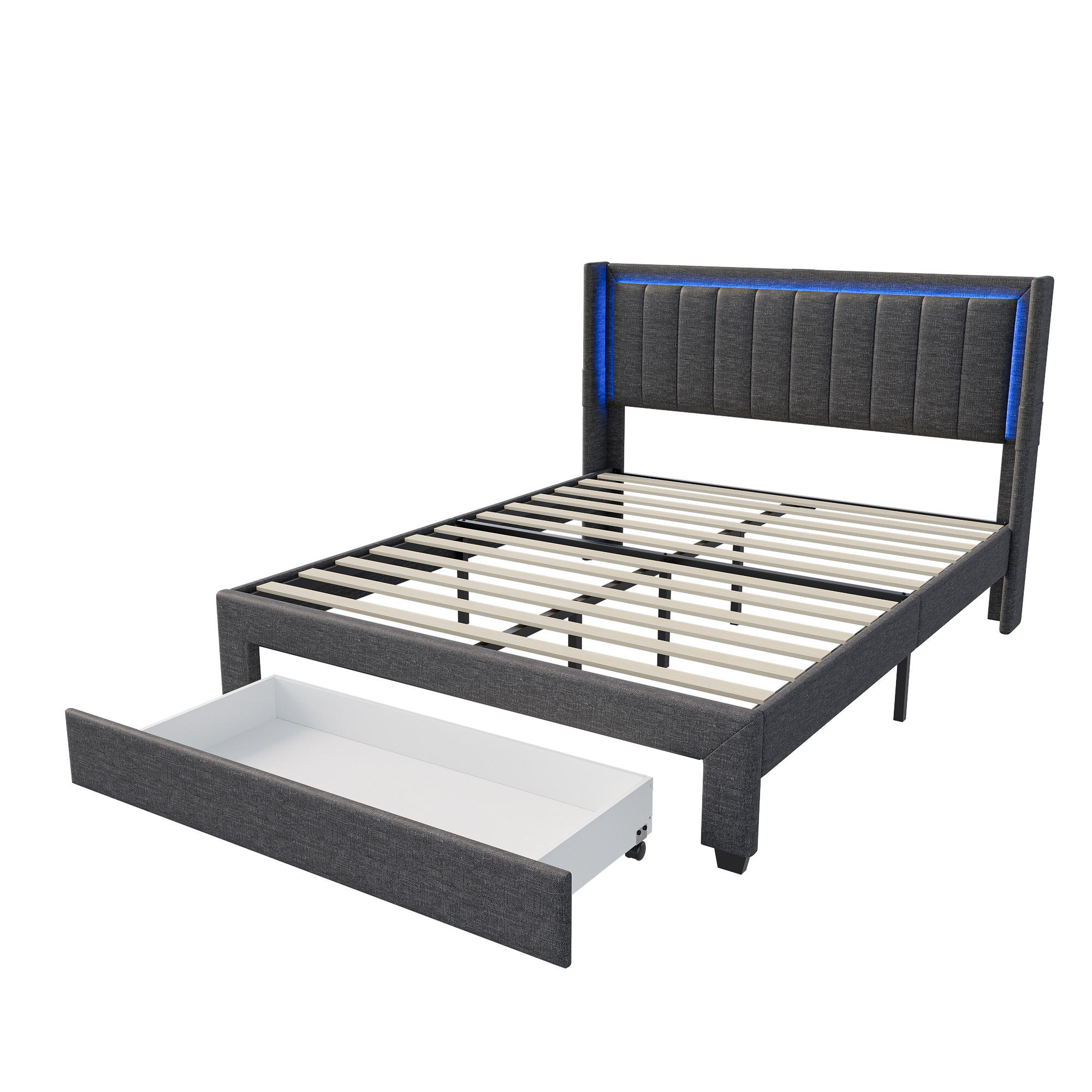 POLSTERBETT 140x200 cm, Grau, mit LED-Beleuchtung & USB-Stecker - Grau, Textil/Metall (140/200cm)