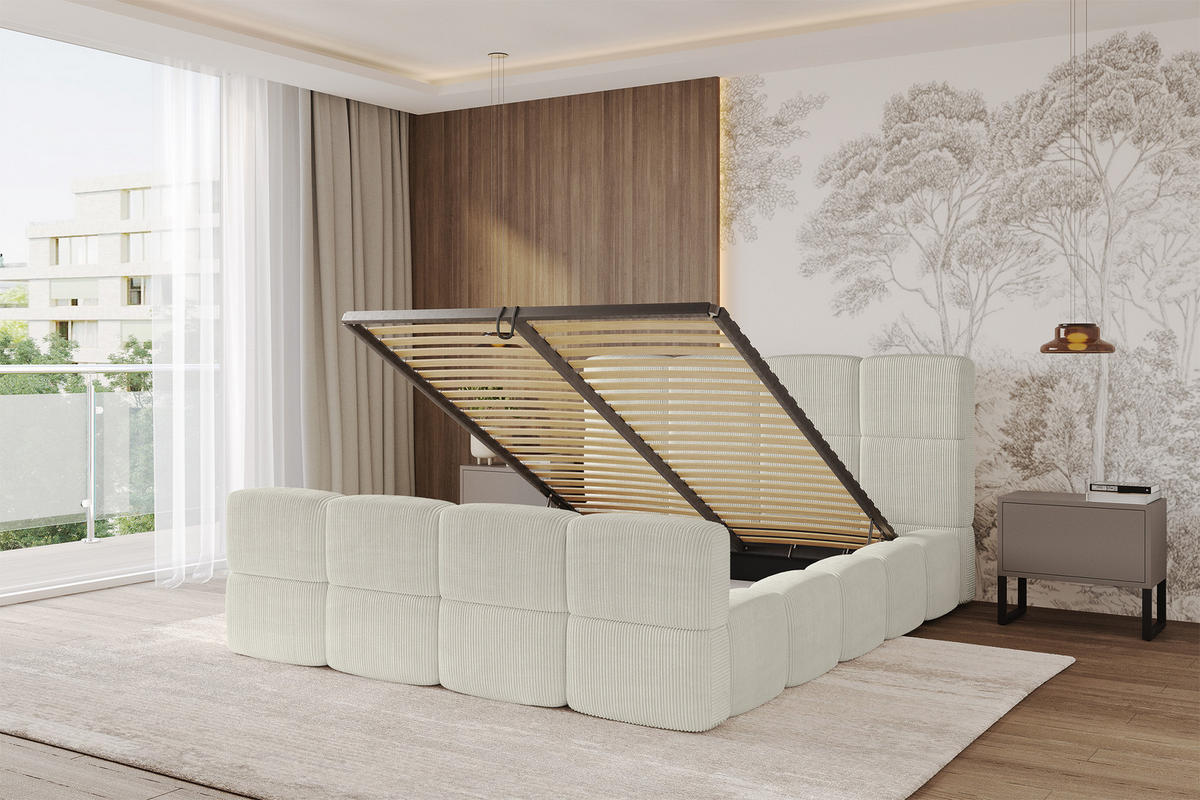 POLSTERBETT mit Bettkasten und Lattenrost, Bett mit Kopfteil, Boxbett ohne Matratze, Doppelbett mit Stauraum - NATA-Z 120x200 Creme - Ecru, Holzwerkstoff/Textil (120/200cm) - ALTDECOR
