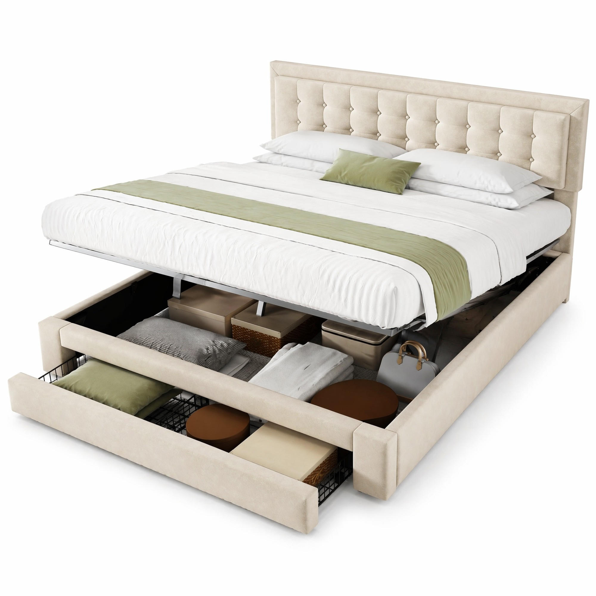 POLSTERBETT 180/200 cm in Beige Samt mit Bettkasten und Schubladen - Beige, Holzwerkstoff/Textil (180/200cm) - CHICFURN