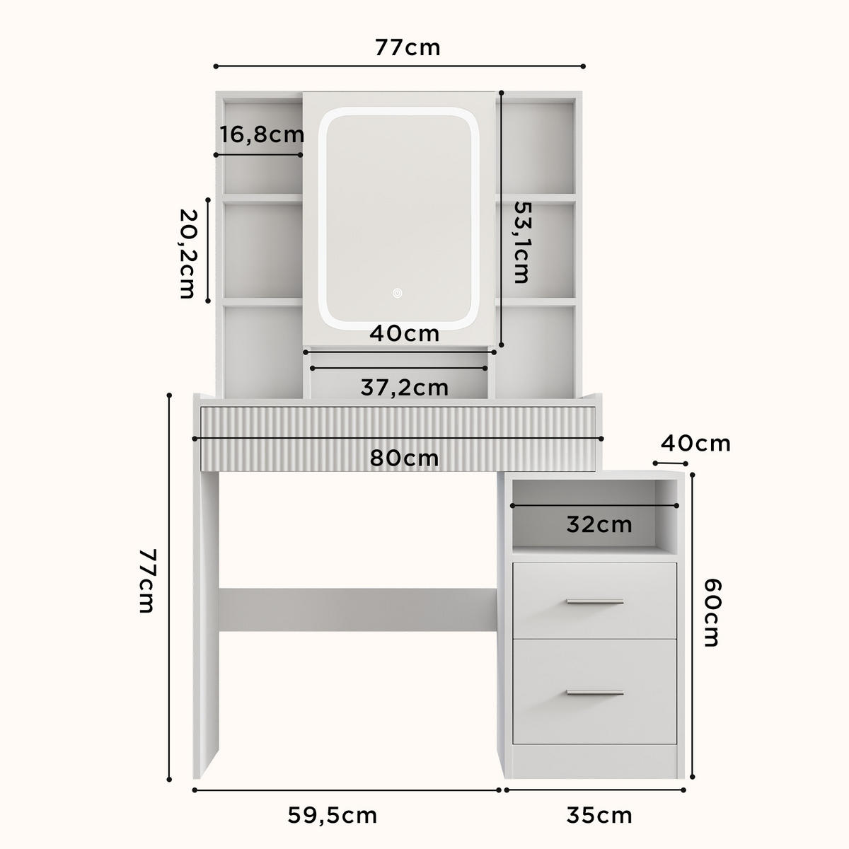 SCHMINKTISCH in Wolkenweiß mit LED-Spiegel und viel Stauraum - Weiß, Holzwerkstoff/Metall (40/141/96.5cm) - HOMAVO