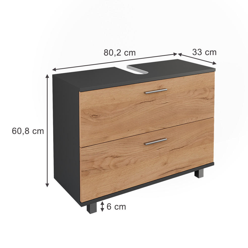 WASCHBECKENUNTERSCHRANK Ilias Anthrazit/Goldkraft Eiche 80.2 x 60.8 cm mit 2 Schubladen - Honigeiche/Anthrazit, Holzwerkstoff (80.2/60.8/33cm) - Vicco