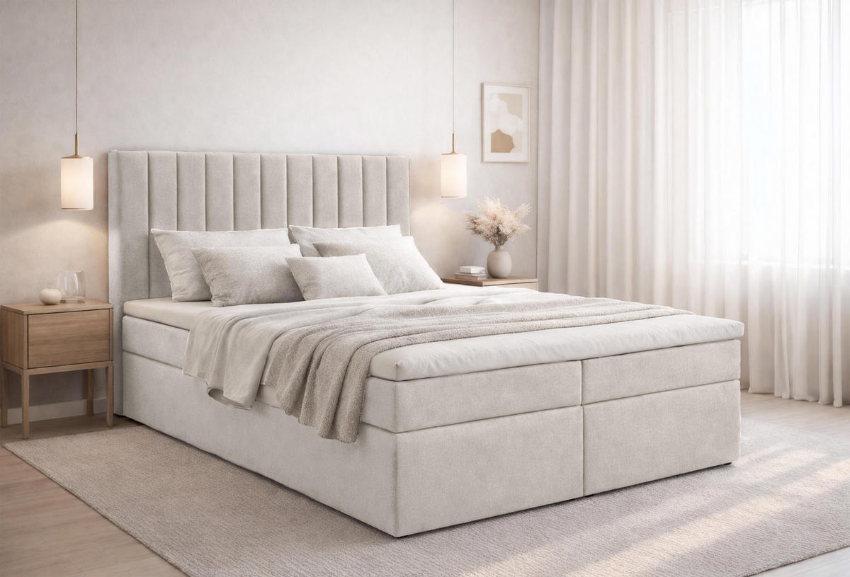 BOXBETT BURSA 140x200 cm mit Bettkasten und Matratze - Beige + TOPPER - Beige/Schwarz, Holz/Holzwerkstoff (140/200cm) - AX Living