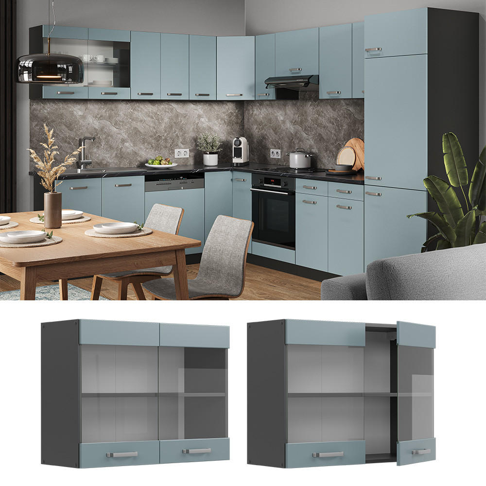 KÜCHENGLASSCHRANK R-Line Blau-Grau 80 cm - Anthrazit/Blaugrau, Holzwerkstoff (80/60/31cm) - Vicco
