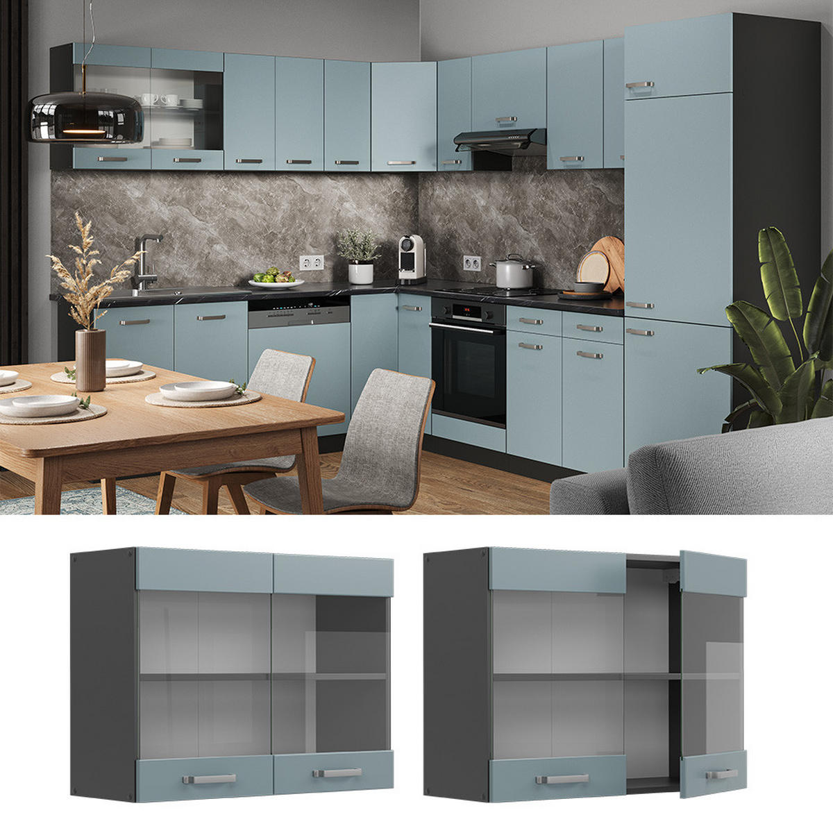 KÜCHENGLASSCHRANK R-Line Blau-Grau 80 cm - Anthrazit/Blaugrau, Holzwerkstoff (80/60/31cm) - Vicco