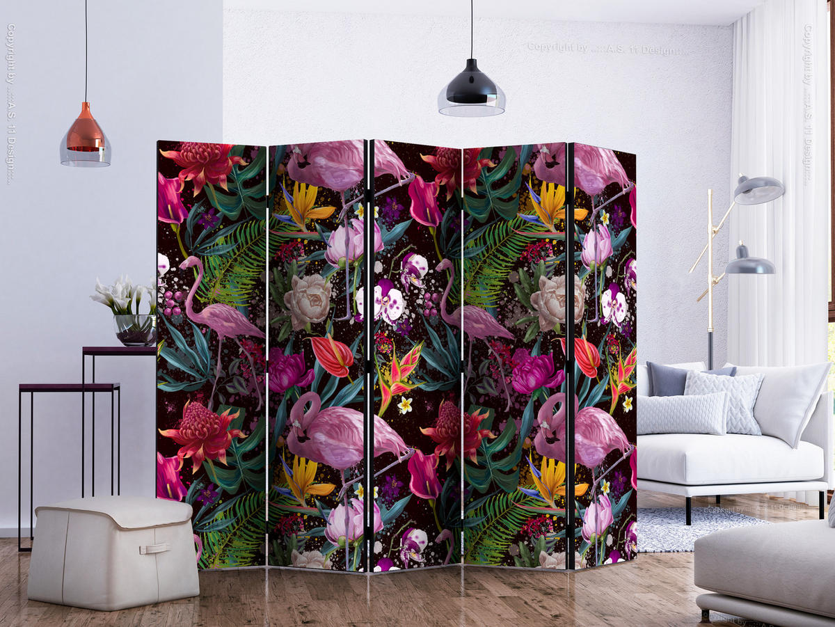 PARAVÁN Jednostranný 5-dielny 225x172 cm Plameniaky A Exotické Kvety - viacfarebná, drevo/textil (225/172/3cm) - Muralo