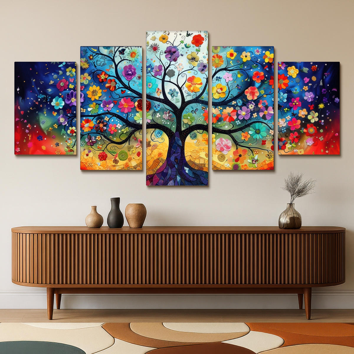 LEINWANDBILD 5er Set Bunt - Baum des Lebens - Blumen - Abstrakt 200x100 cm - Blau, Textil (200/100cm) - MuchoWow
