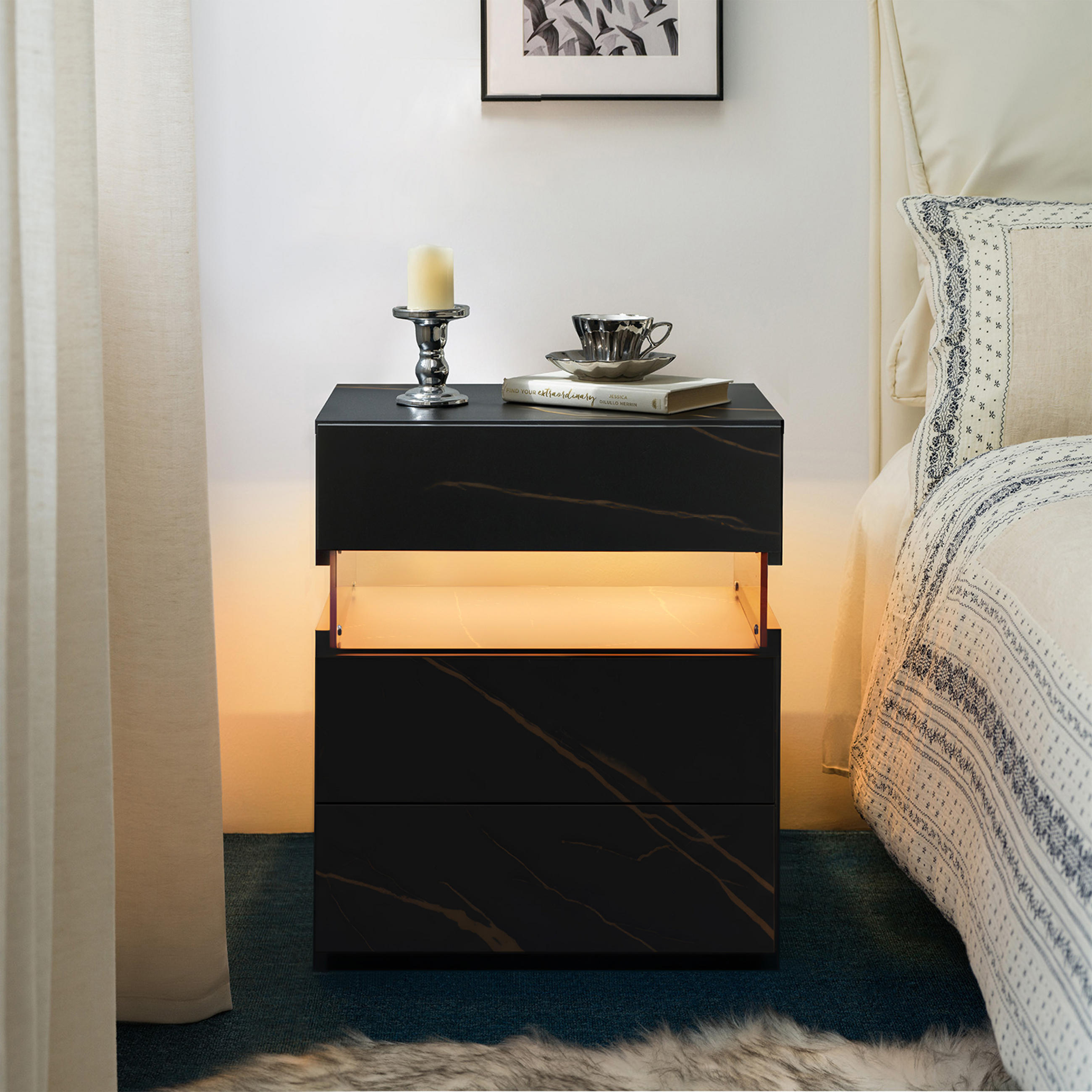 LED NIGHTSTANDS 3 DRAWER DRESSER FOR BEDROOM END TABLE WITH ACRYLIC BOARD LED BEDSIDE TABLES FOR BEDROOM LIVING ROOM BEDSIDE FURNITURE (BLACK+GLOD) - Anthrazit, Holz (38/61/48cm)