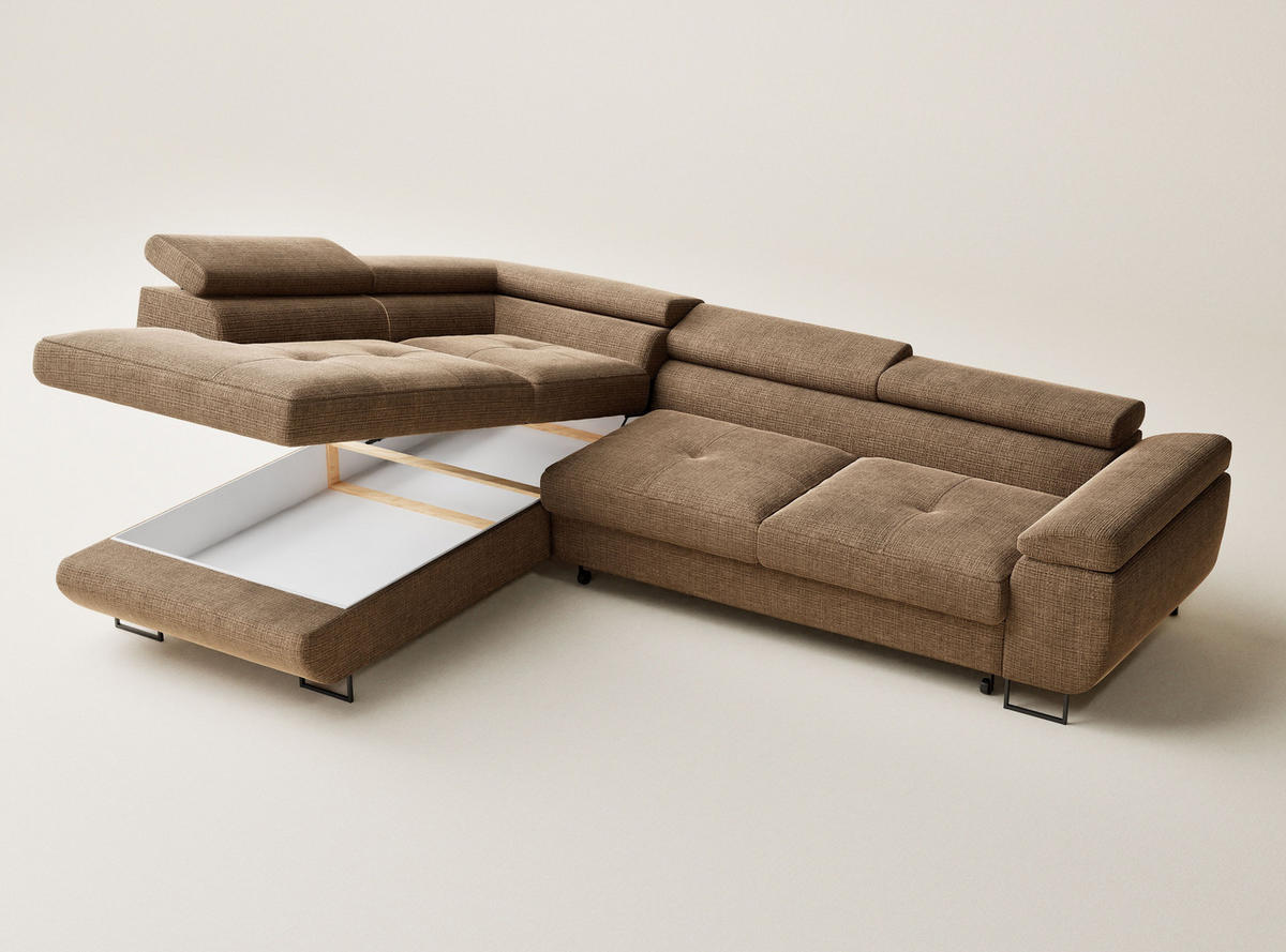 ECKSOFA Concord Hellbraun Chenille-Stoff - Links Seite - Hellbraun/Schwarz, Holz/Holzwerkstoff (203/277cm) - Maison de Reve