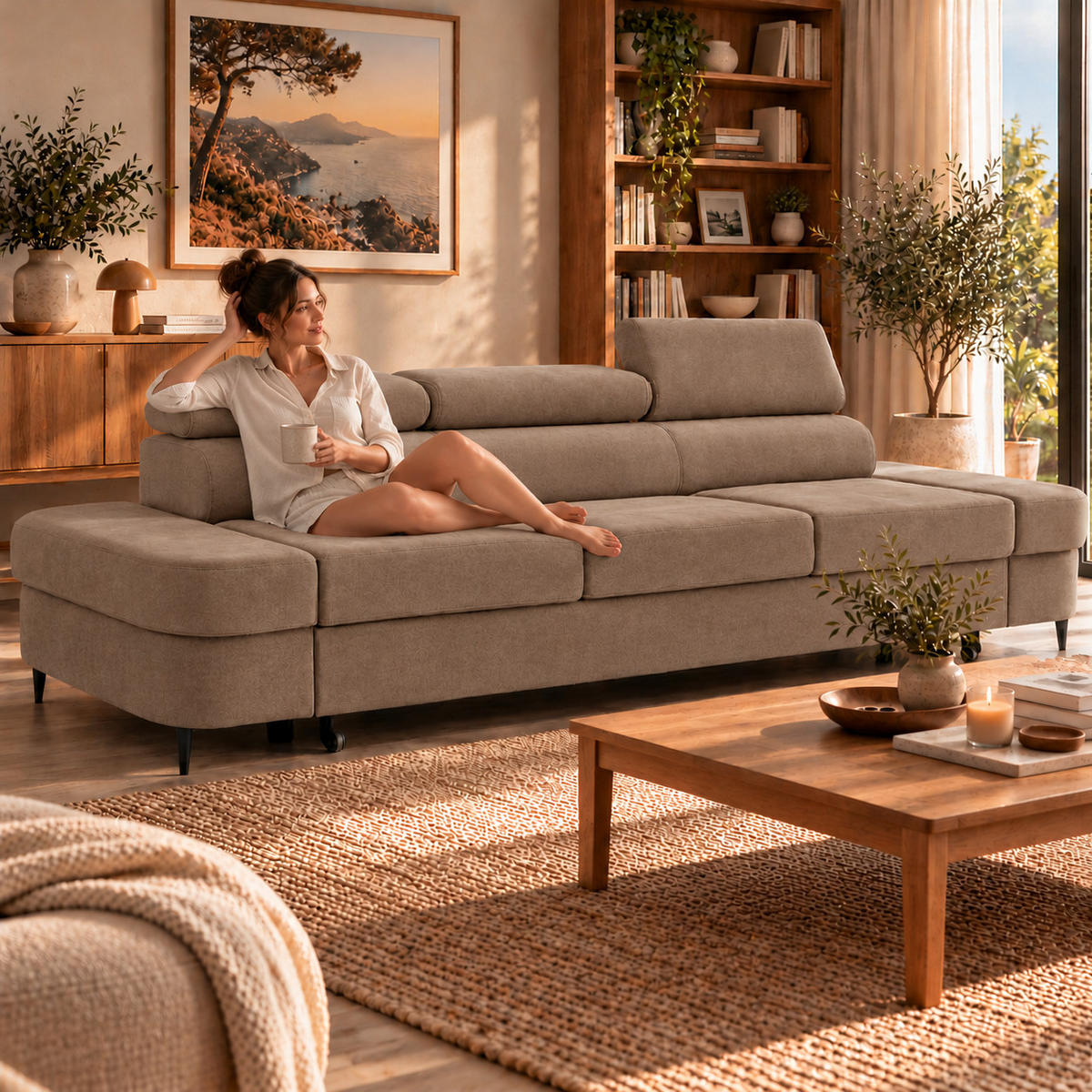 3-SITZER Sofa PRIAM mit Schlaffunktion 125x277 Velours Beige - Beige/Schwarz, Holz/Textil (278/95/102cm) - Muffo