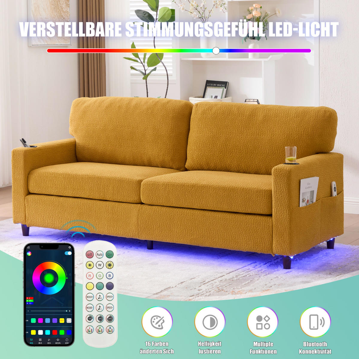 ZWEISITZER Sofa Chenille mit USB-Anschluss und LED Getränkehalter 203/77,5/86 cm Gelb - Gelb, Textil (77.5/86/203cm) - Redom