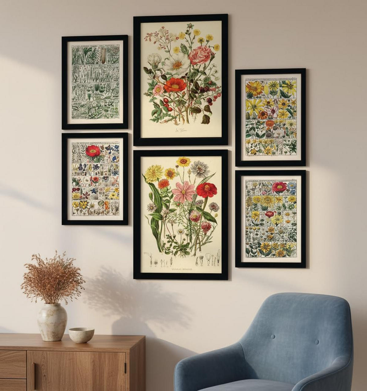 POSTER Set Mit 6 Blumenanatomie In Vintage A3 & A4 Schwarzer Rahmen - Schwarz, Papier (29/3cm) - Nacnic
