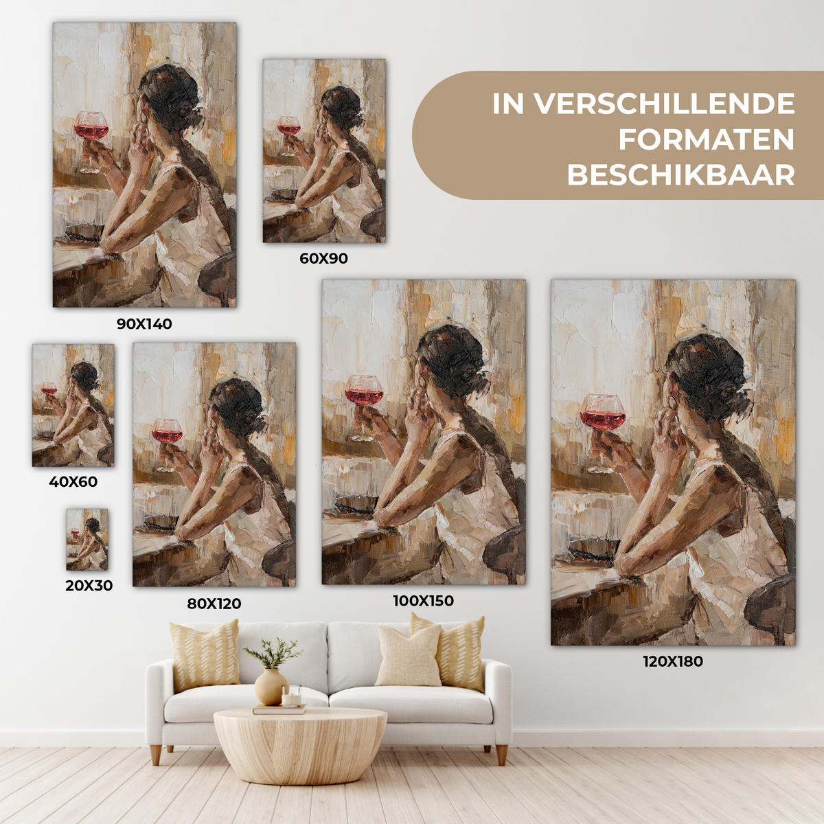 LEINWANDBILD Ölgemälde - Frau - Wein 20x30 cm - Hellbraun, Textil (20/30cm) - MuchoWow