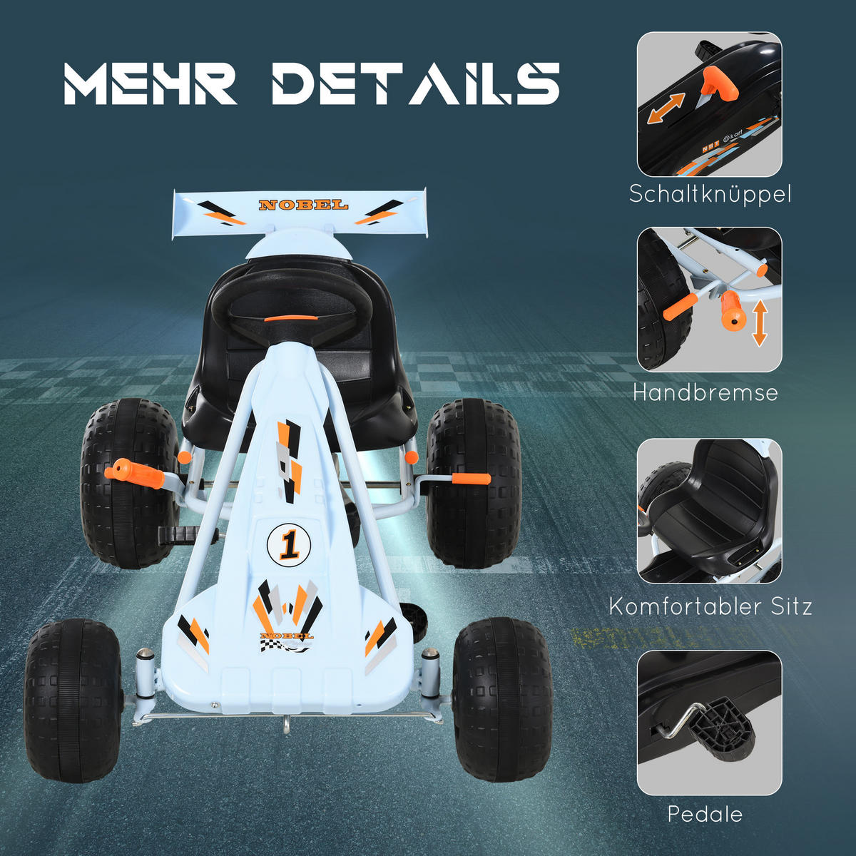 KINDER GO KART TRETAUTO, Hellblau, Stahl+ Kunststoff - Hellblau, Metall (97/66/59cm) - HOMCOM