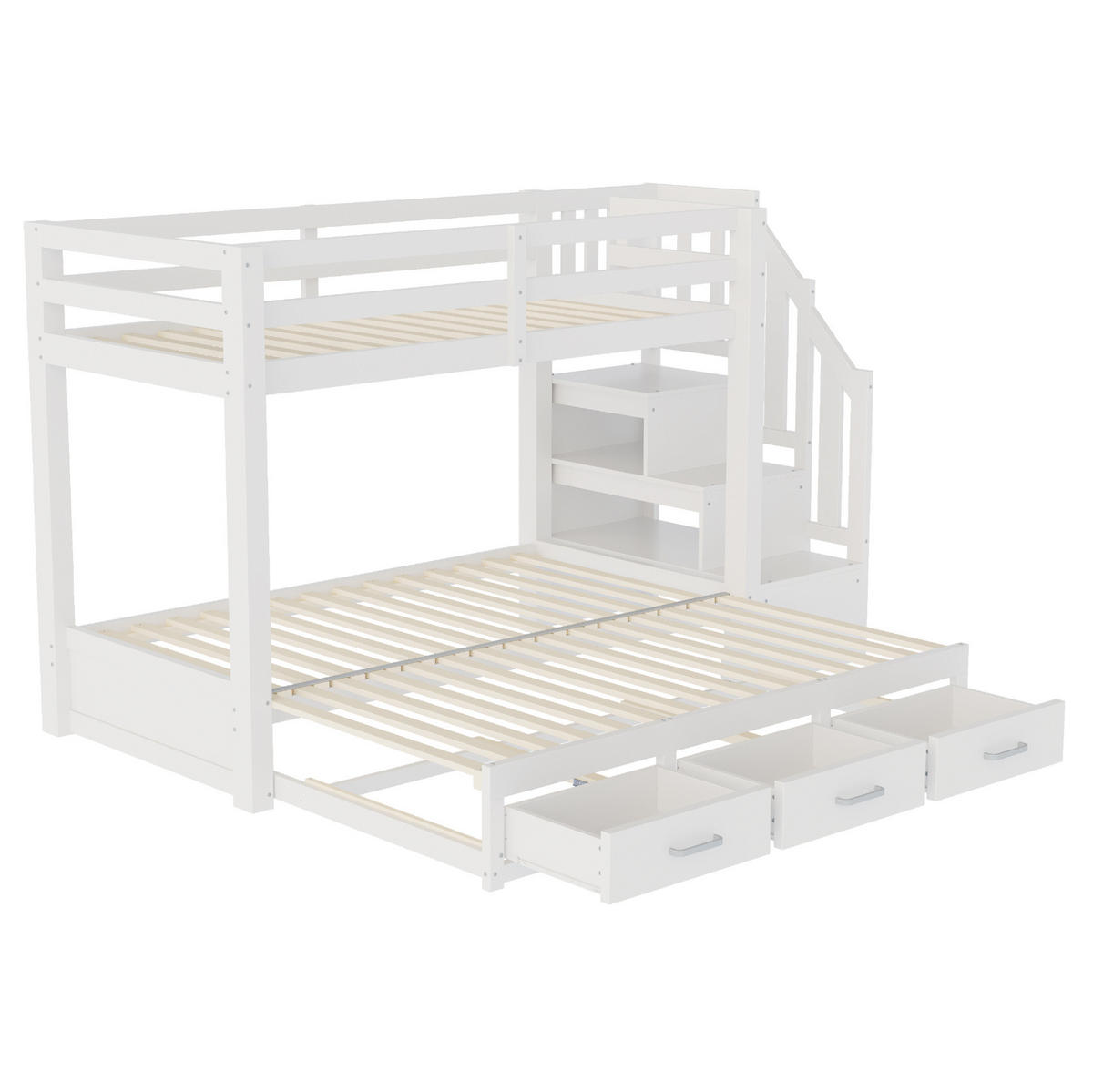 ETAGENBETT 90/200 cm mit Ausziehbett, Stauraumleiter und 3 Schubladen, Weiß/Grau - Weiß, Holzwerkstoff (90/200cm) - Redom