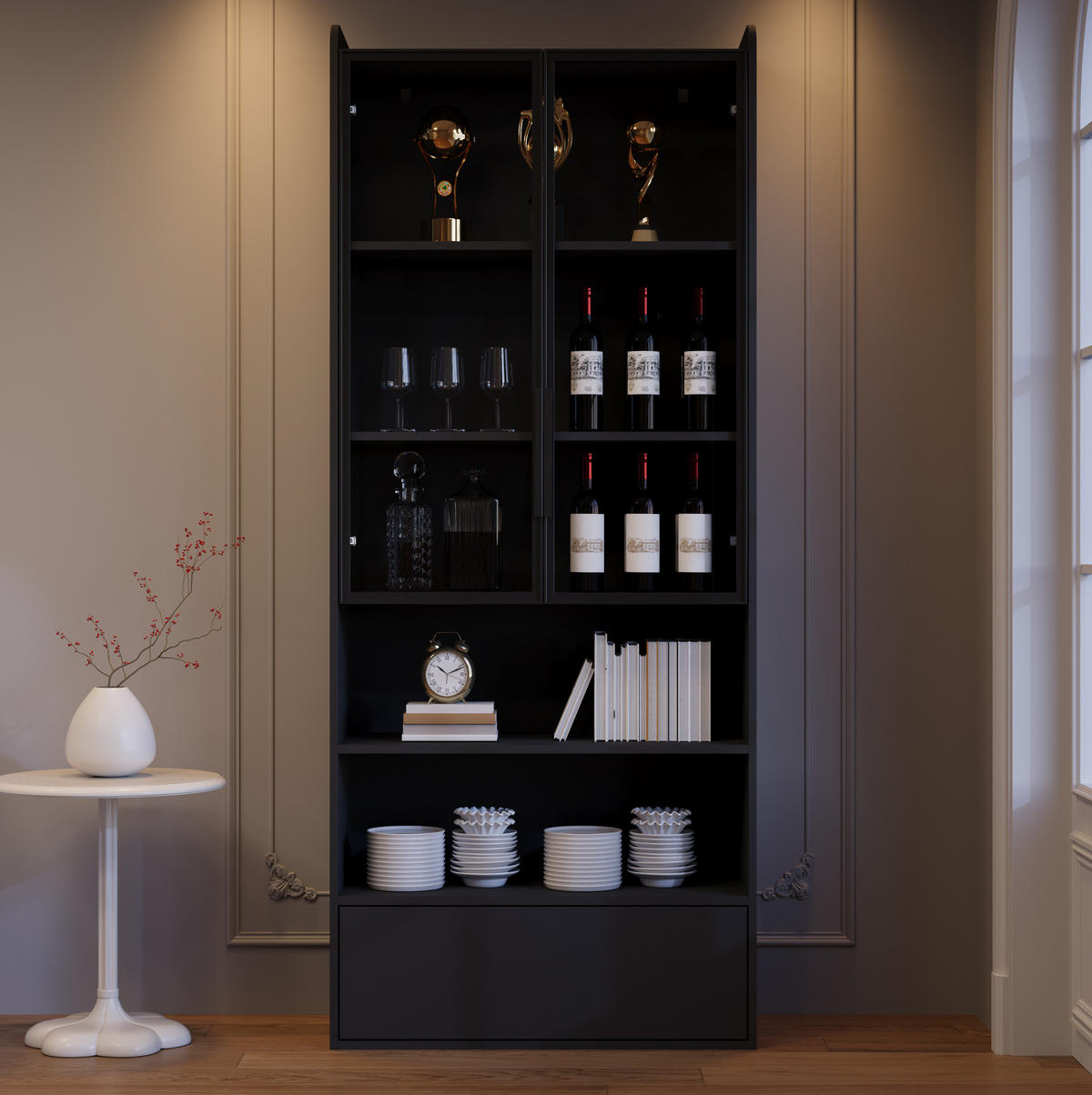 VITRINE mit LED 80x34x180 cm MDF Glas Schwarz - Schwarz, Glas (34/180/80cm) - Beauniv