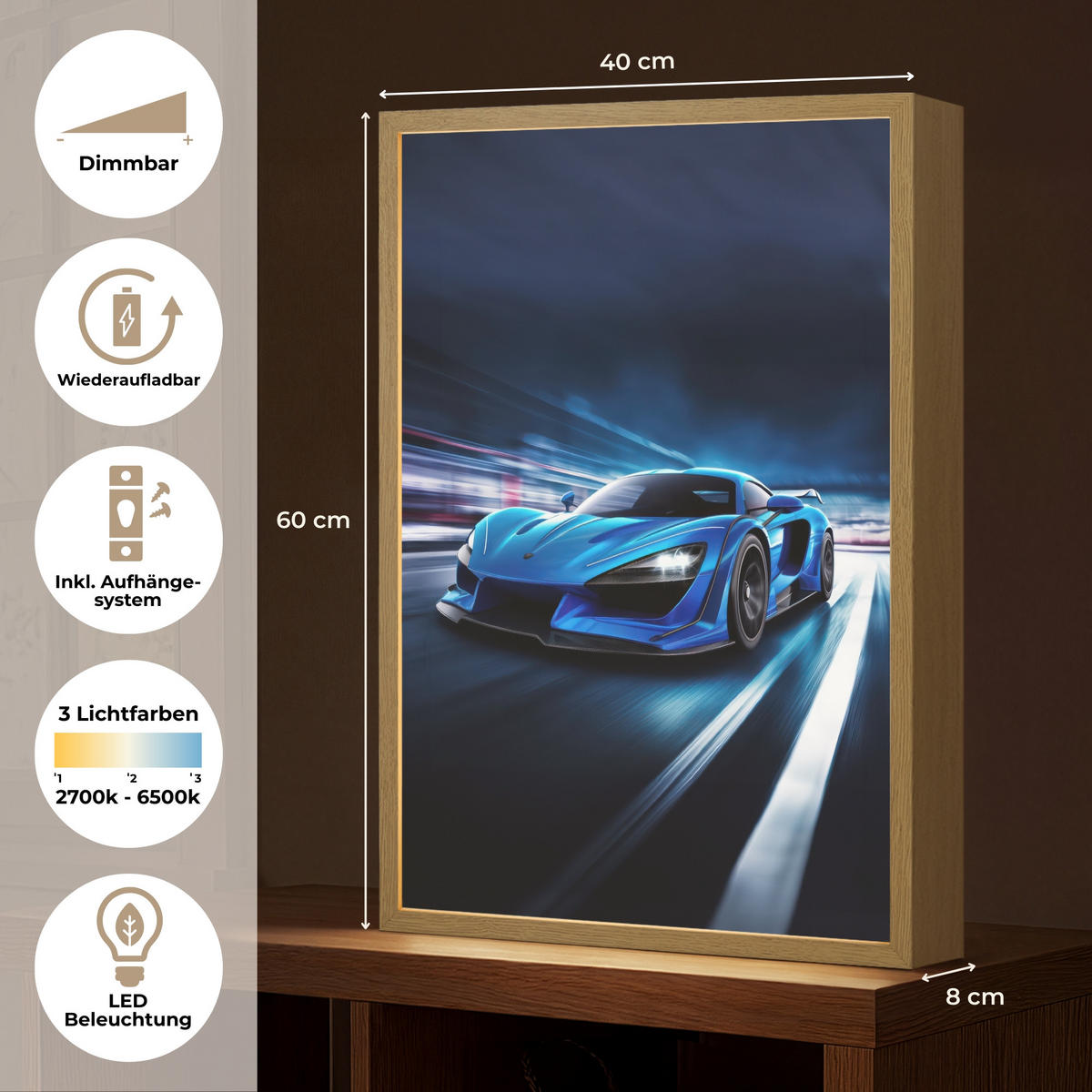 DOBÍJECÍ NOČNÍ LAMPIČKA Auto - Modrá - Chlapci - Dítě 40x60 cm - modrá, kompozitní dřevo (8/40/60cm) - OnlyWow