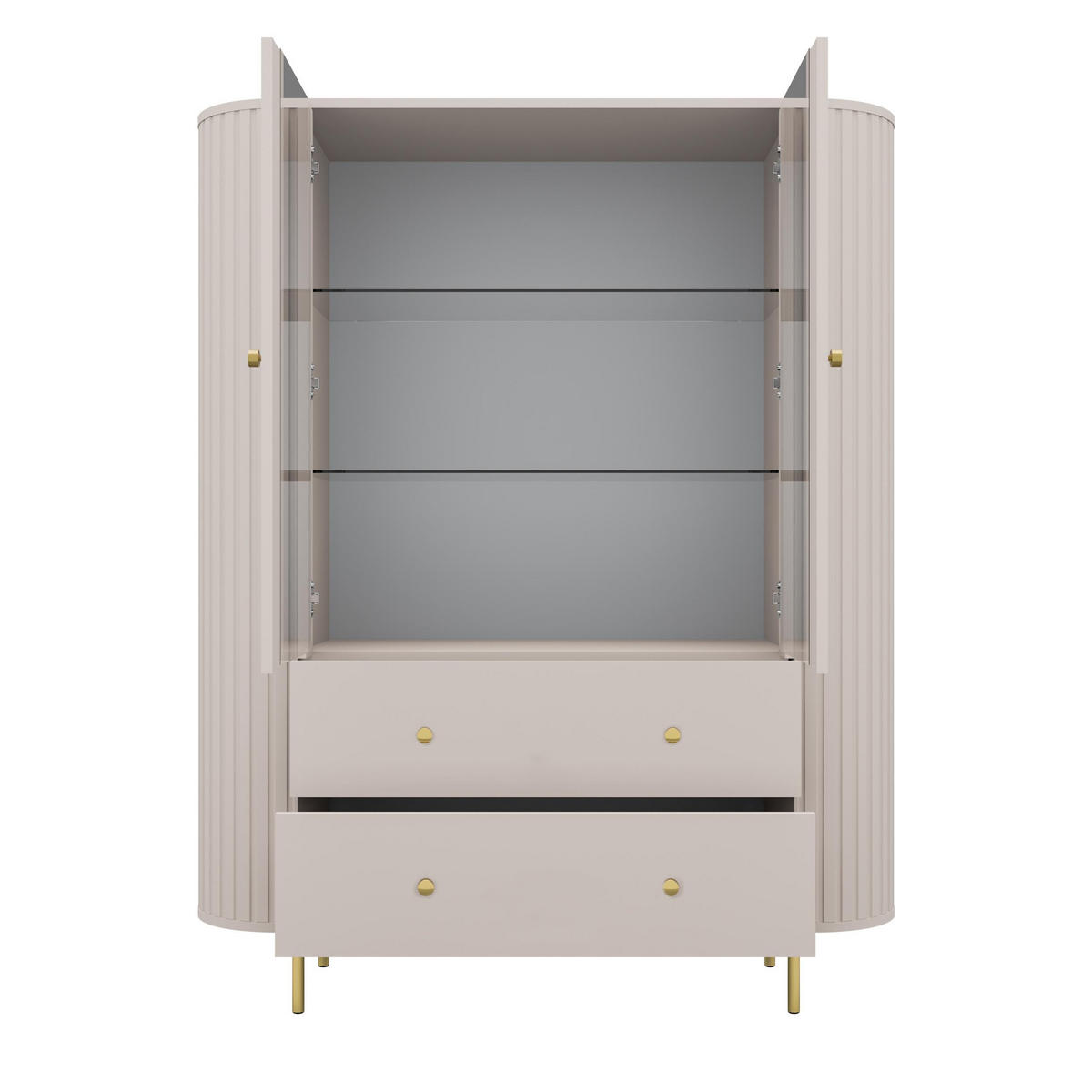 VITRINE Halay Beige, 2 Türen & 2 Schubladen Moderne Rillenstruktur, mit runden Kanten - Beige/Goldfarben, Holzwerkstoff/Metall (123/155/42.3cm) - AX Living