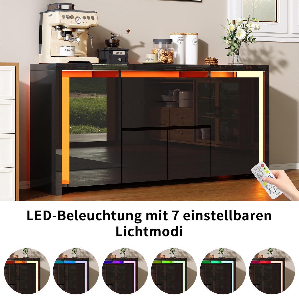 SIDEBOARD 160 cm Hochglanz mit LED, 4 Türen und 2 Schubladen, Küchenschrank mit Stauraum, Schwarz - Schwarz, Holzwerkstoff (160/35/75cm) - Waldena