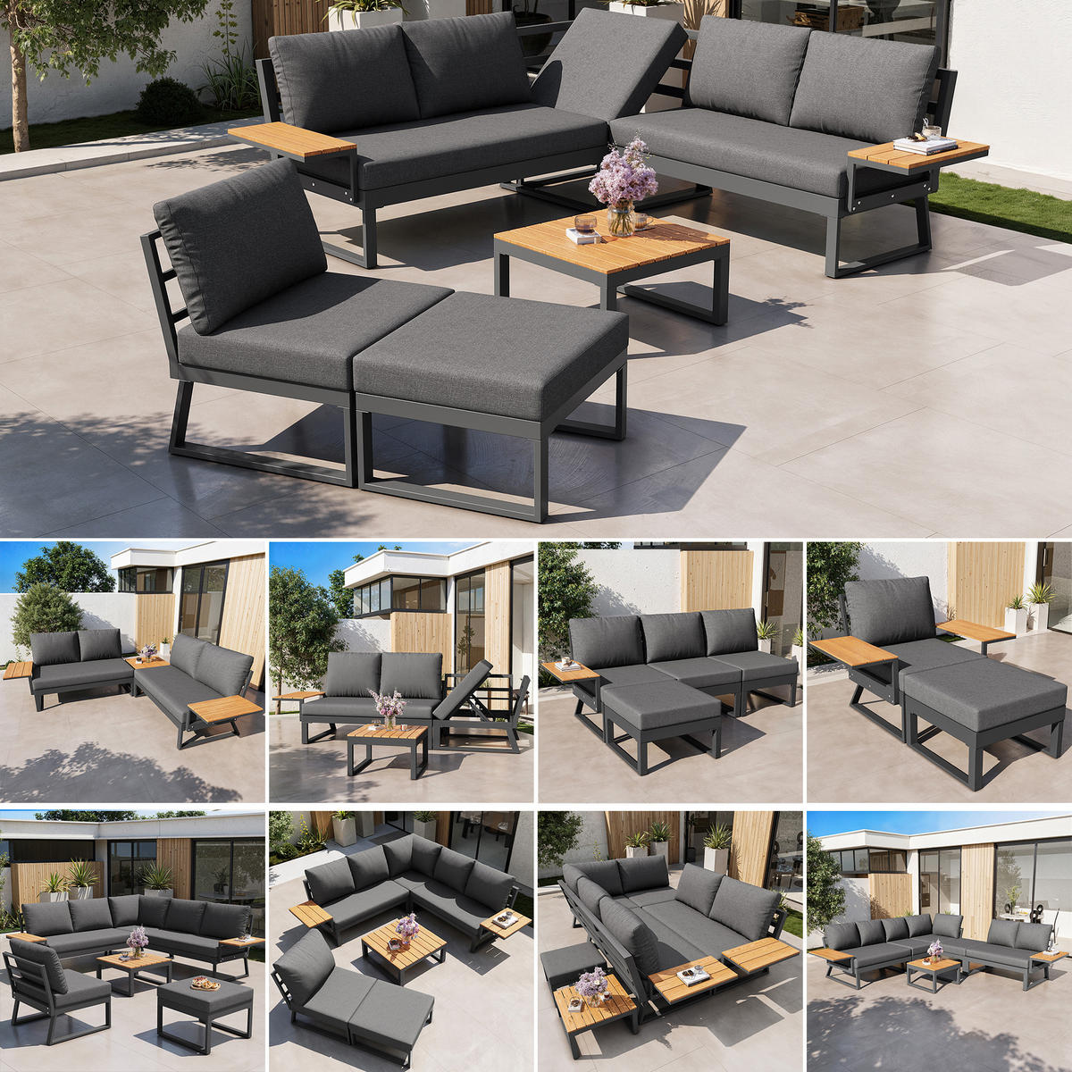 LOUNGESET, 7 Personen, Eisen, Ecksofa, Holztisch, Grau - Grau, Metall - FLIEKS