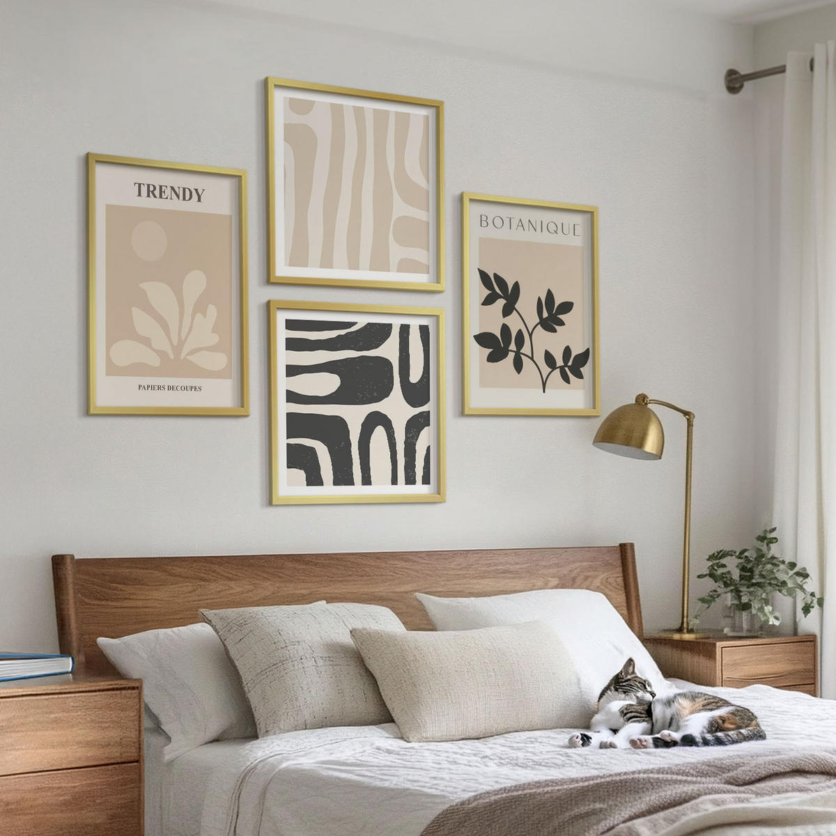 BILDER SET 4er Set - 50x50 cm & 40x60 cm Goldrahmen - Stilvolle Pflanzenmuster in Beige und Schwarz - Goldfarben, Kunststoff (50/50cm) - TULUP