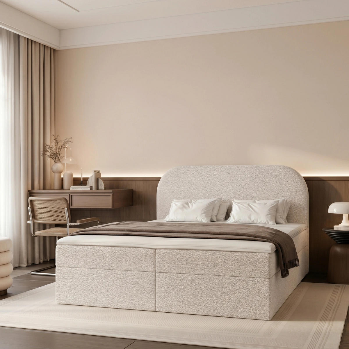 BOXBETT FUZZI 180x200 cm Beige (Bouclé-Stoff) - mit 2 Bettkästen, Bonellmatratze und weichem Kopfteil - Beige, Holzwerkstoff/Textil (180/200cm) - Ravio