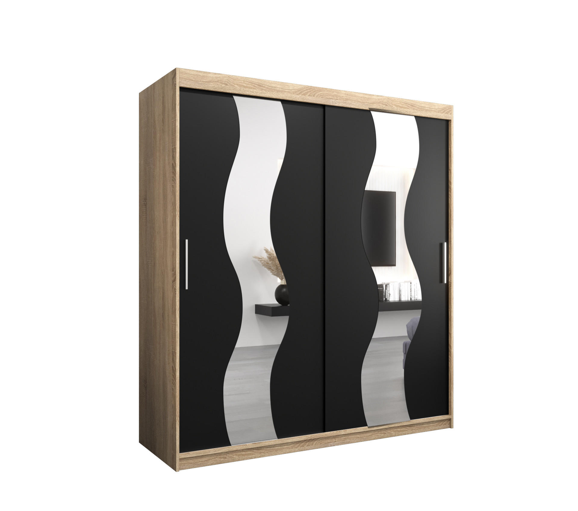 Abiks Möbel Schwebetürenschrank Sonoma Eiche, Schwarz 180x200x62 cm