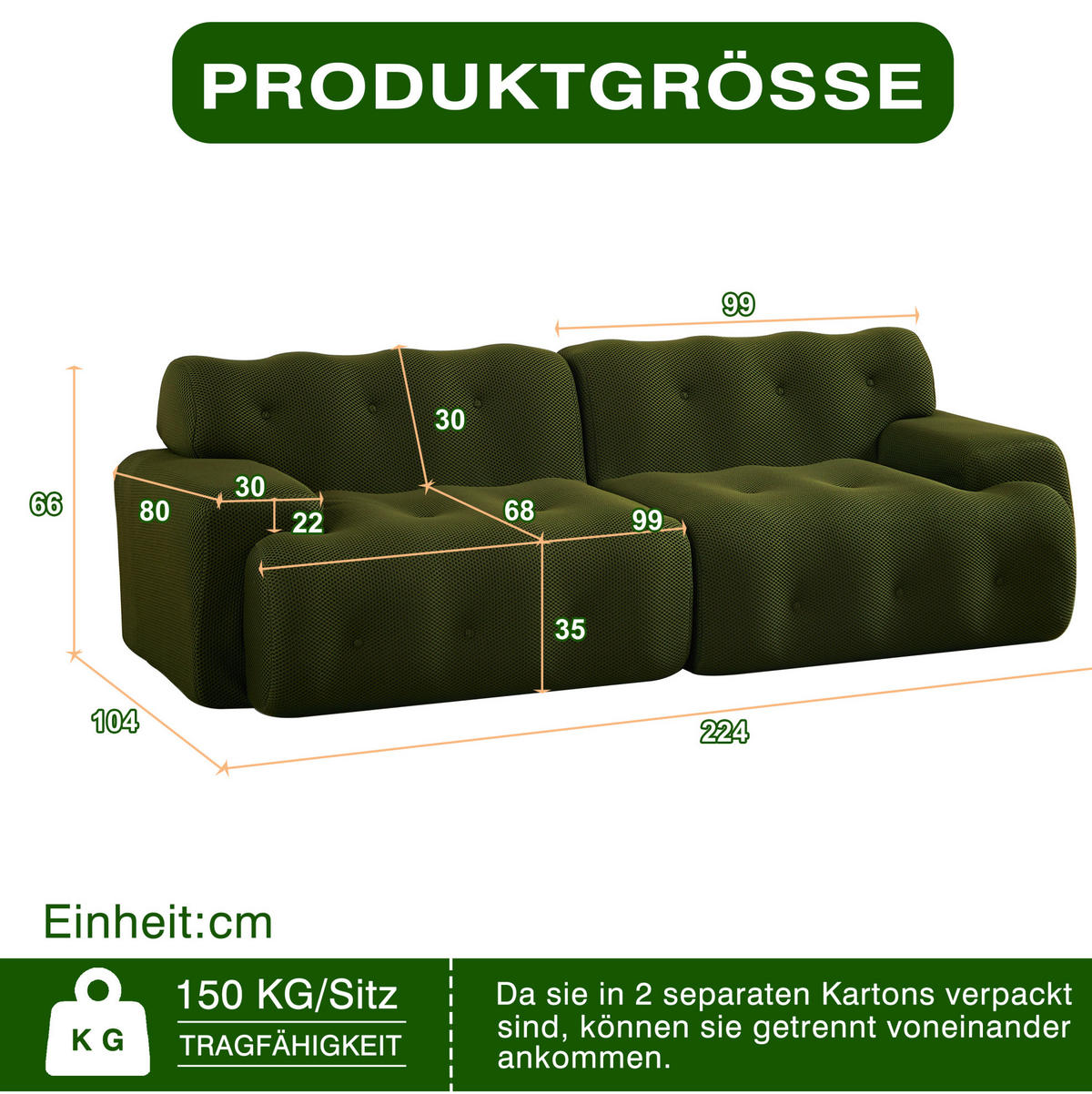 2-SITZER-SOFA aus Stoff 224x104x66 cm Grün mit breiten Armlehnen und montagefreiem Design - Grün, Textil (224/66/104cm) - Modfu