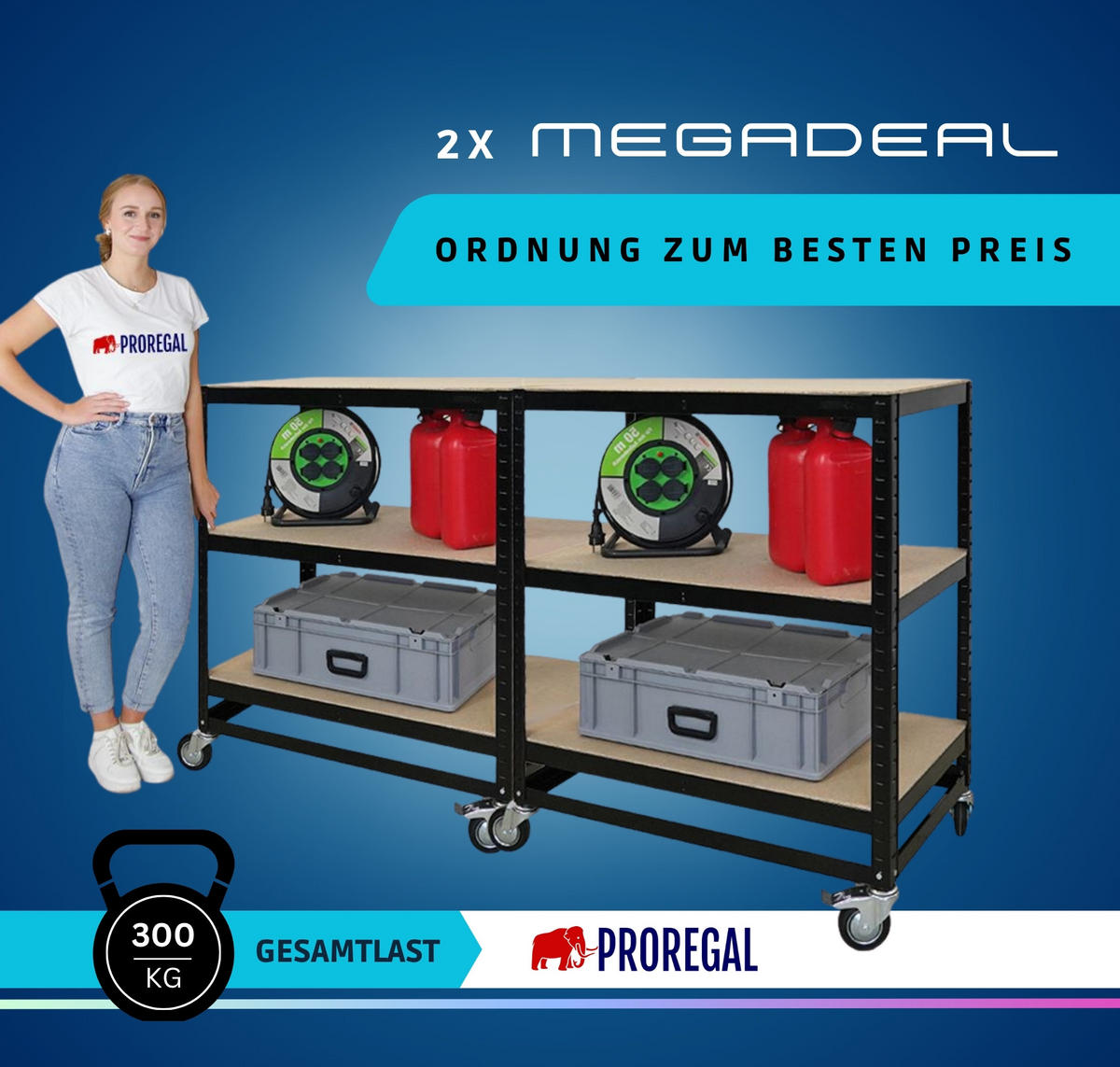 KOMMISSIONIERWAGEN 2er Set BÜFFEL 100x90x50cm 3 Ebenen Fachlast 50kg 2X Lenkrollen & 2X Lenkrollen mit Feststellbremse Schwarz - Schwarz, Metall (180/100/50cm) - PROREGAL