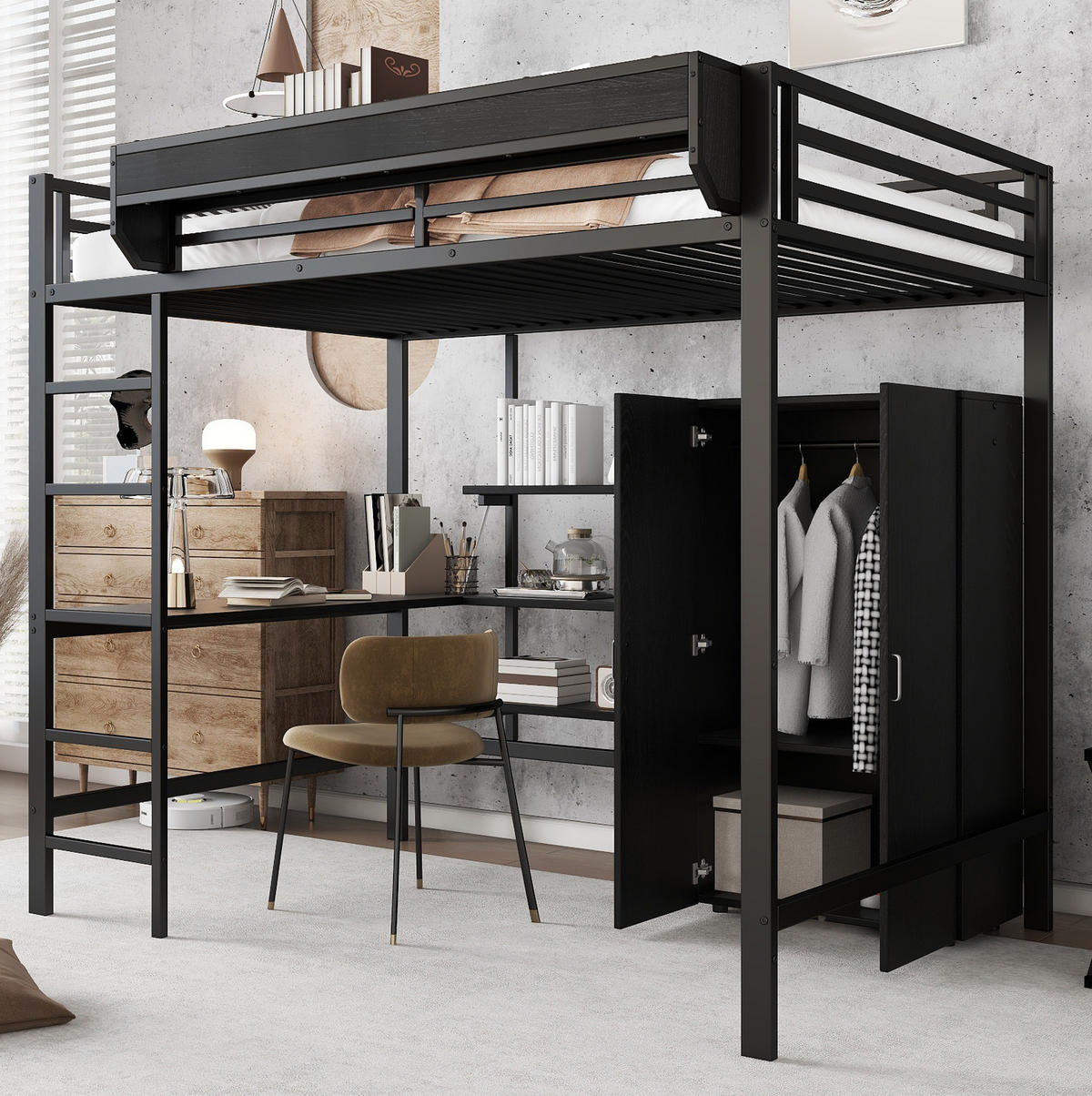 VYSOKÁ postel 140/200 cm černá s psacím stolem úložným prostorem a skříní z kovu a MDF - černá, kompozitní dřevo (140/200cm) - OKWISH